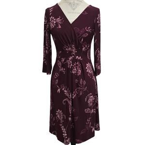 Chaps Burgundy Floral Print 3/4 Sleeve V Neck Faux Wrap Dress